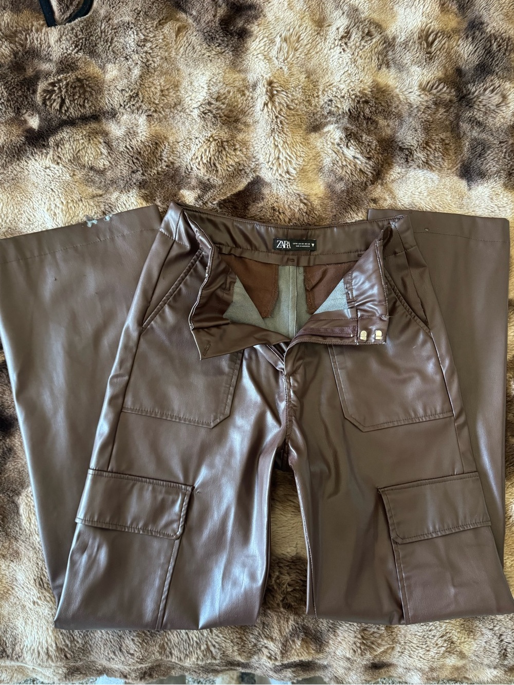 Zara Dark Brown Faux Leather Cargo Pants